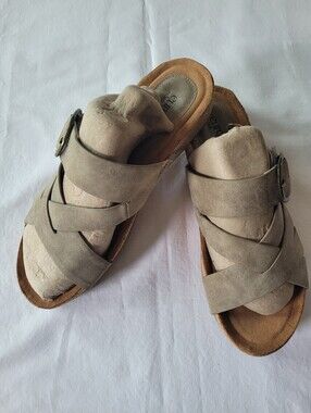 euro Soft By Soft Women's Taupe Suede Cross-Strap Buckle Slide Sandals Size 9.5